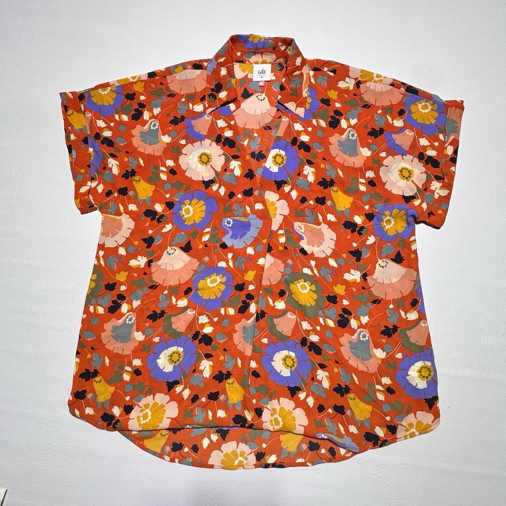 Cabi Floral Blouse Womens Medium‎ Orange Short Sleeve V-Neck Boho Retro 5892